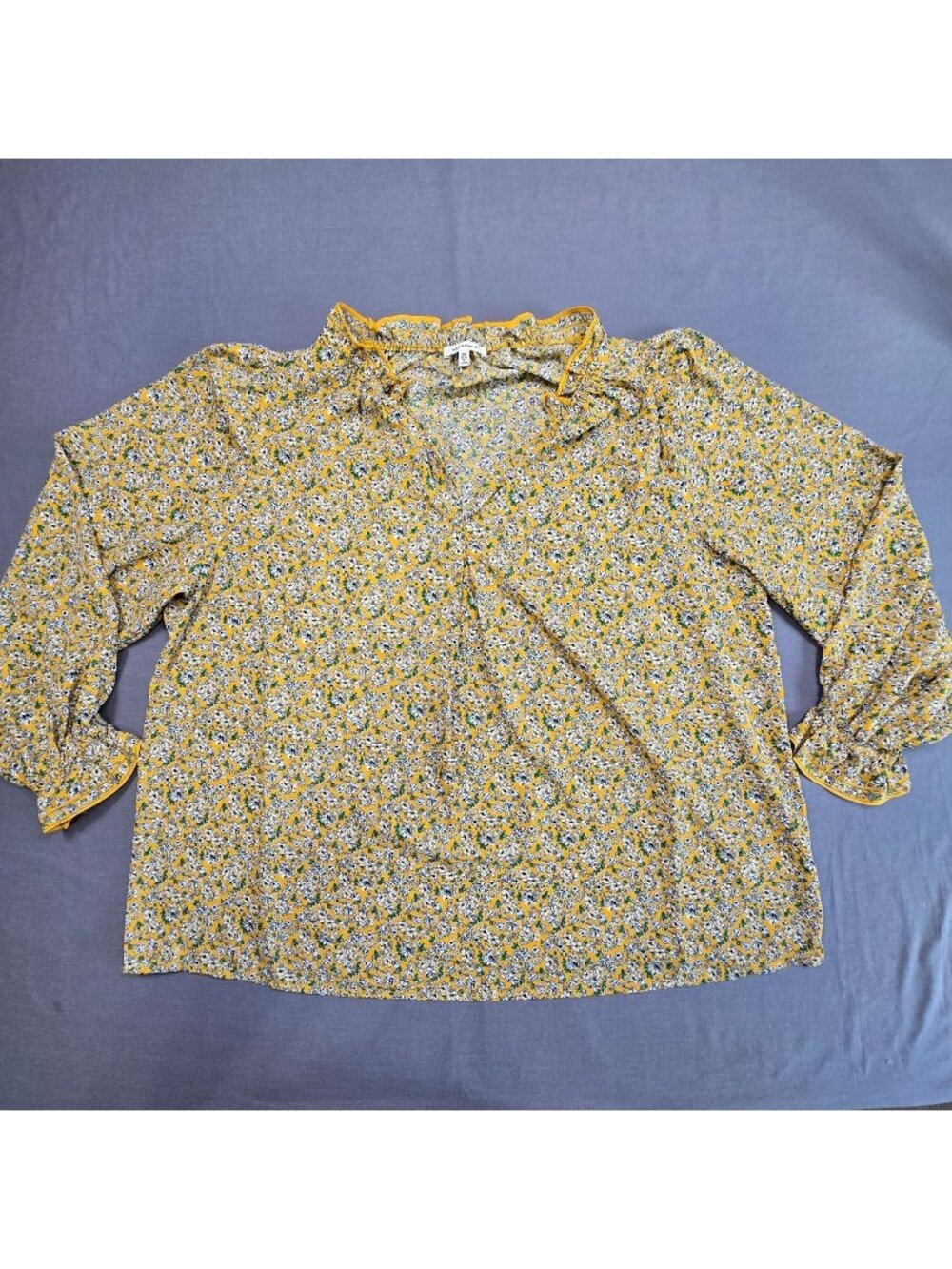 Max Studio Cottage Core 2X Blouse Yellow Floral Long Sleeve Lightweight Boho Top